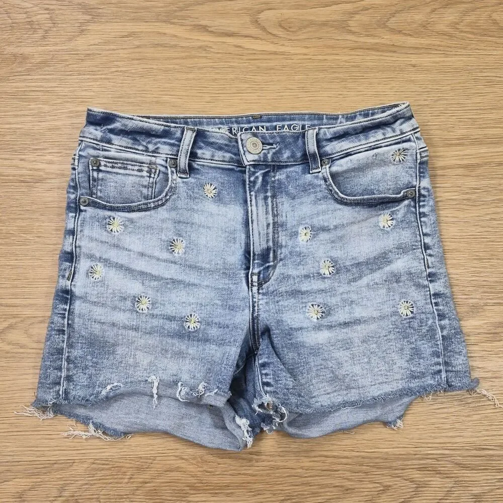 American Eagle Hi Rise Shortie Shorts Womens 8 Daisy Embroidered Summer Stretch